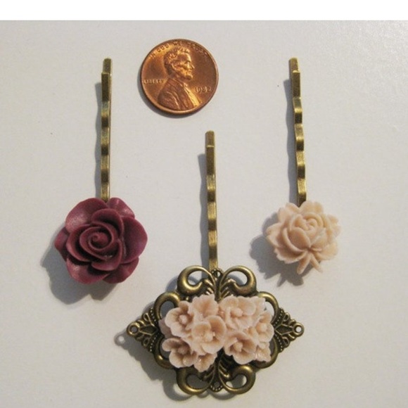 Taupe Peach  Burgundy Maroon Floral Bobby Pin Set B-75 - Picture 3 of 4